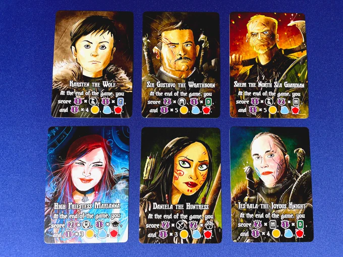 6 cards from Valeria Card Kingdoms. They are characters within the game and include Karsten the Wolf, Sir Gustavo the Wrathborn, Shem the North Sea Guardian, High Priestess Marianna, Daniela the Huntress, and Jes'kala the Joyous Knight