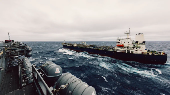 The Military Sealift Command-chartered ship motor tanker Badlands Trader positions alongside the Nimitz-class aircraft carrier USS George Washington (CVN 73) before a fueling-at-sea while underway in the Pacific Ocean, May 28, 2025. The George Washington is the U.S. Navy’s premier forward-deployed aircraft carrier, a long-standing symbol of the United States’ commitment to maintaining a free and open Indo-Pacific region, while operating alongside allies and partners across the U.S. Navy’s largest numbered fleet. (U.S. Navy photo by Mass Communication Specialist 3rd Class Geoffrey L. Ottinger)