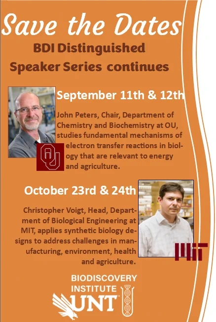 John Peters PhD, Chair of the department of chemistry and biochemistry at Oklahoma University and Chris Voigt PhD, department head for biological engineering at MIT, visit UNT for the distinguished speaker series Fall 2025
