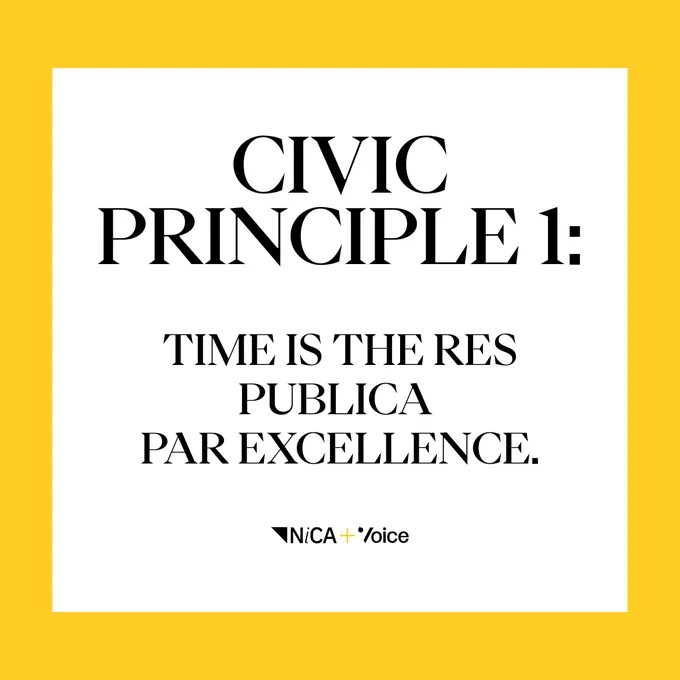 Text on a yellow background reads "CIVIC PRINCIPLE 1: TIME IS THE RES PUBLICA EXCELLENCE." with the attribution "NICA   Voice" below.