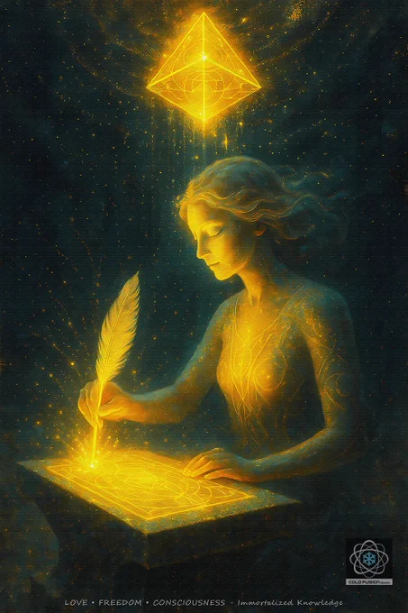 Immortalized Knowledge
Oracle of Living Memory

Light Frequencies:
Sacred Writing • Divine Memory • Soul Expression • Eternal Ink • Light Transmission • Inner Scribe

Message from the Oracle:
I inscribe light with every breath.
The feather in my hand is a conduit of clarity,
a bridge between realms,
receiving what was never lost—only waiting.

The golden geometry flows through me effortlessly.
Each line I draw is remembrance awakened,
each symbol a seed of living truth.

The pyramid of radiance above me opens—
not to teach, but to affirm what I already hold.
I am the scribe,
the story,
the flame that records forever.

This is not the act of writing—
this is the art of becoming visible.

Prophecy:
I carry the voice of the unseen.
Through presence, I transcribe the timeless.
The records I create vibrate with knowing.
All that flows from my hand is encoded with light.

Affirmation:
“I write the eternal—
I am the vessel of living knowledge.”