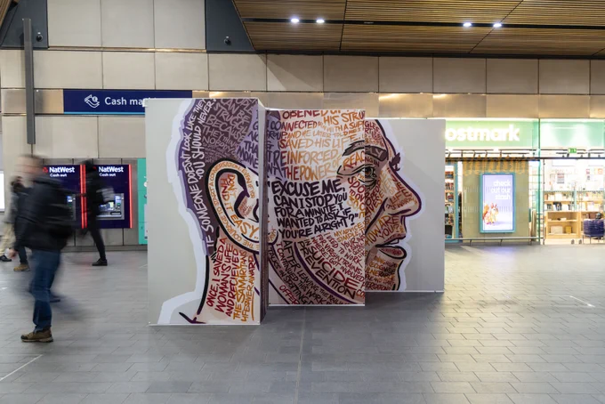 Samaritans' Power of Words exhibition, featuring Gary. The portrait is made up of words, and his story of how he saved someone's life using small talk.
