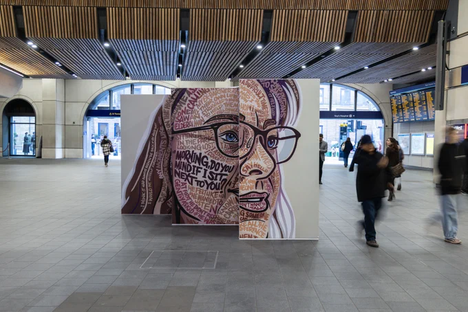 Samaritans' Power of Words exhibition, featuring Claire. The portrait is made up of words, and their story of how they saved someone's life using small talk.