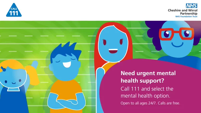A graphic of two cartoon young people. The text says "Call 111. Need urgent mental health support? Call 111 and select the mental health option. Open to all ages 24/7. Calls are free."