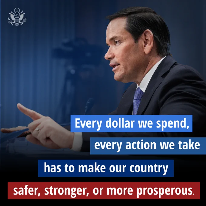 Secretary of State Marco Rubio gestures with his hands while delivering testimony to congress, with graphic text: Every dollar we spend, every action we take has to make our country safer, stronger, or more prosperous.