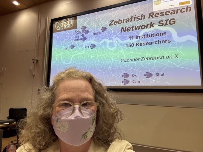 Woman in glasses and a facemask in front of a screen advertising the London Zebrafish Research Network!