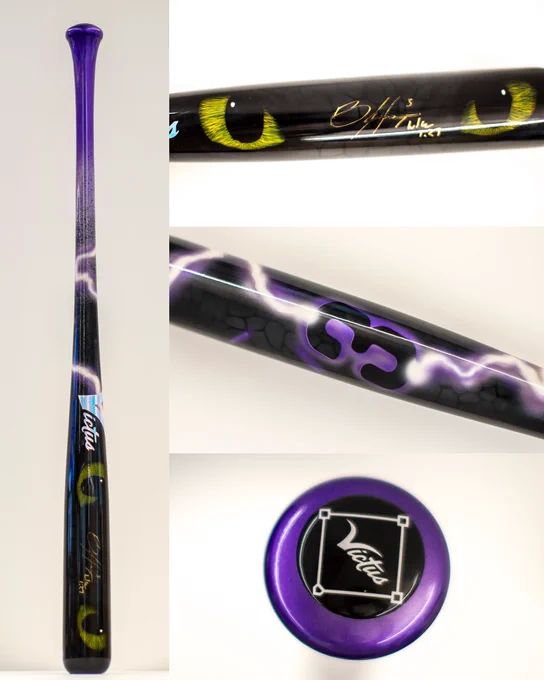 Photos of a custom How To Train Your Dragon baseball bat. It's black, purple, yellow and signed by Bryce Harper.