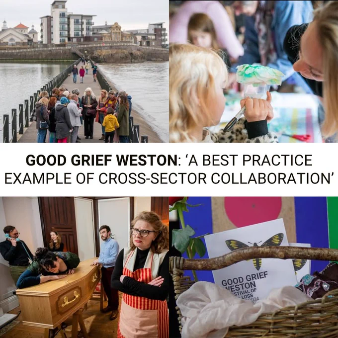 Four images of Good Grief Weston: a group of people on a pier, parents & children making art; actors standing around a coffin; a Good Grief Weston programme. The text reads 'GOOD GRIEF WESTON: ‘A BEST PRACTICE EXAMPLE OF CROSS-SECTOR COLLABORATION’