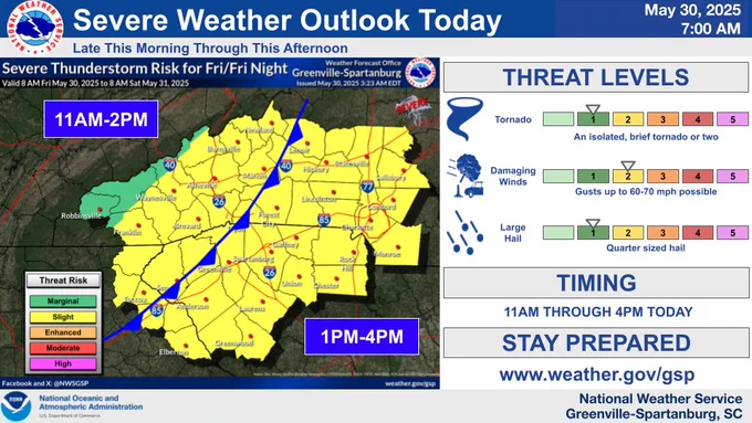 Severe weather outlook for the western Carolinas and northeast Georgia. Damaging wind gusts will be the primary threat, with large hail and an isolate tornado being possible as well. Timing will be from 11AM-2PM in the mountains and 1PM-4PM in the foothills and Piedmont. 