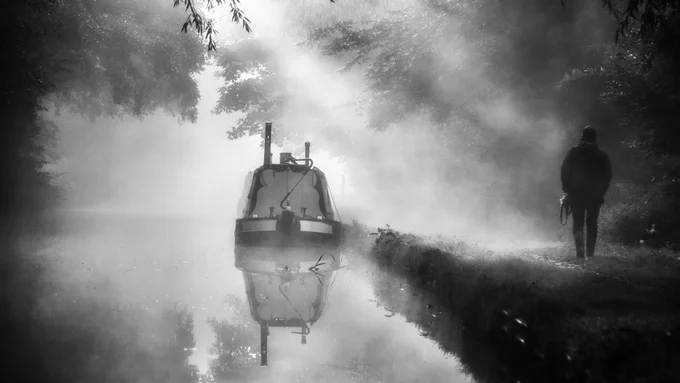 Narrowboat. Canal. Mist. Figure.