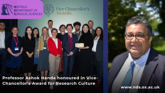 NDS logo, picture of Ashok and the MedHum team, text that reads: Professor Ashok Handa honoured in Vice-Chancellor’s Award for Research Culture, www.nds.ox.ac.uk