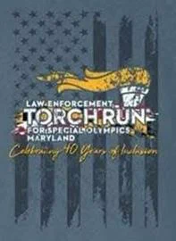 Law Enforcement Torch Run logo over a vertical American flag. 