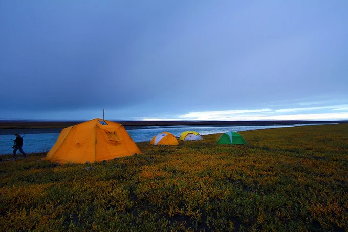 Four tents are set along along Canning River, Arctic National Wildlife Refuge. 