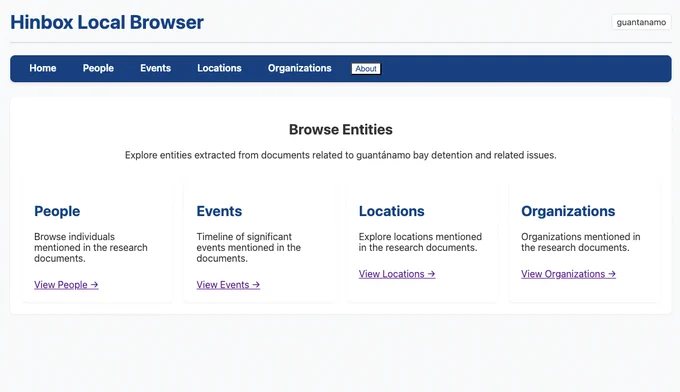 Frontpage of the entity browser UI that comes with the project.