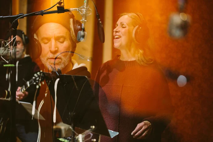 Dave Boutette and Kristi Davis record a song at Ann Arbor's Big Sky Recording.