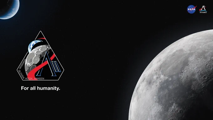 In this artist rendering, the Earth is peeking into the image at the top left corner, with the Artemis II patch on the left side of the image. Underneath the patch read the words "For all humanity." In the bottom right corner sits part of the Moon.