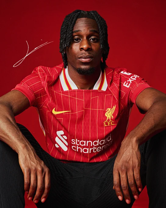 Graphic of Jeremie Frimpong as he is unveiled as a Liverpool player.