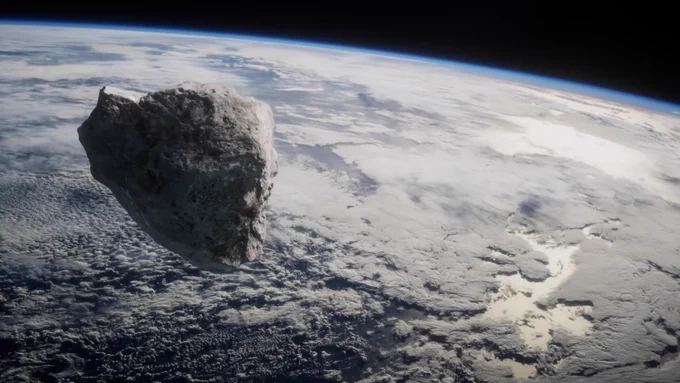 An artist’s rendition of a  large asteroid floating in space with Earth visible in the background. The planet's surface is partially covered by thick clouds, with glimpses of ocean and land below. In the distance, the arc of Earth's atmosphere glows softly blue against the blackness of space. The asteroid appears rocky, rugged, and gray.