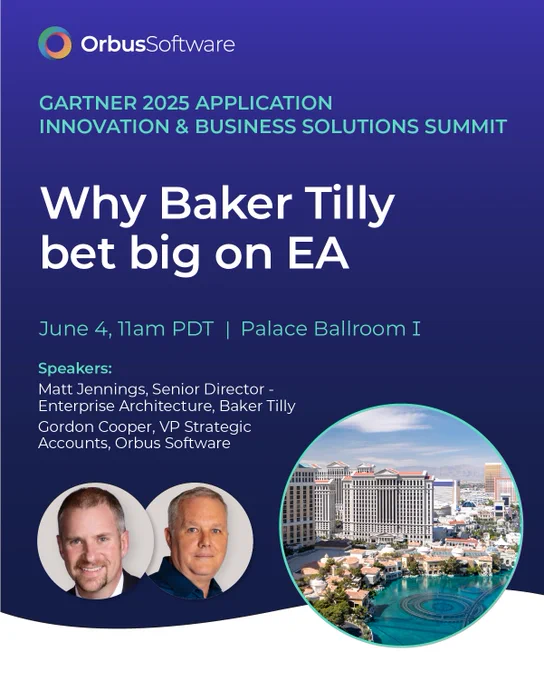 A promotional graphic by Orbus Software for the Gartner 2025 Application Innovation & Business Solutions Summit. The session is titled 'Why Baker Tilly Bet Big on EA,' scheduled for June 4 at 11 AM PDT in Palace Ballroom I. Speakers include Matt Jennings, Senior Director of Enterprise Architecture at Baker Tilly, and Gordon Cooper, VP of Strategic Accounts at Orbus Software. The graphic features a circular photo of the Las Vegas skyline, including Caesars Palace.