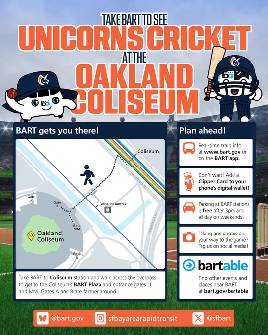 Take BART to see UNICORNS CRICKET at the Oakland Coliseum