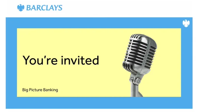 Barclays promotional image featuring a vintage microphone on the right with the text 'You're invited' and 'Big Picture Banking' on a yellow background.