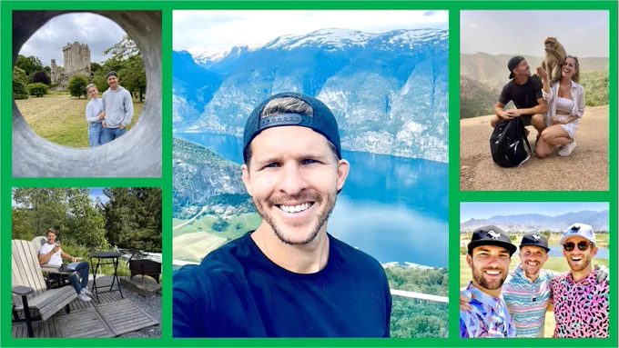 A collage of photos of Jordan Neville: (1) Jordan and his wife at Blarney Castle in Ireland; (2) Jordan relaxing with a glass of wine on a deck overlooking a river in England (3) Jordan at a high vista overlooking Geiranger Fjord in Norway; (4) Jordan and his wife befriending a monkey on adventures in Morocco; (5) Jordan and golf buddies at PGA West in Palm Springs.