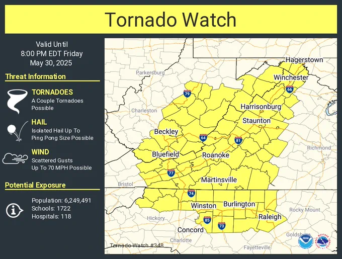 This graphic displays Tornado Watch watch number 348 plotted on a map. The watch is in effect until 8:00 PM EDT. The watch includes parts of North Carolina, Virginia and West Virginia. The threats associated with this watch are a couple tornadoes possible, isolated hail up to ping pong size possible and scattered gusts up to 70 mph possible. There are 6,249,491 people in the watch along with 1722 schools and 118 hospitals.