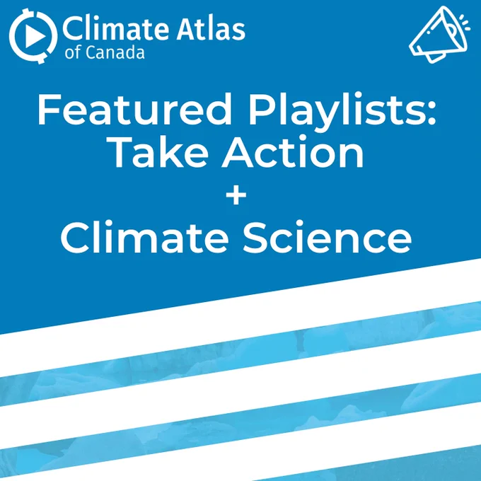 “Featured Playlists: Take Action   Climate Science” The Climate Atlas of Canada logo is in the top left corner. A megaphone icon is in the top right corner. This text is on a dark blue background, with a white and light blue striped overlay at the bottom.