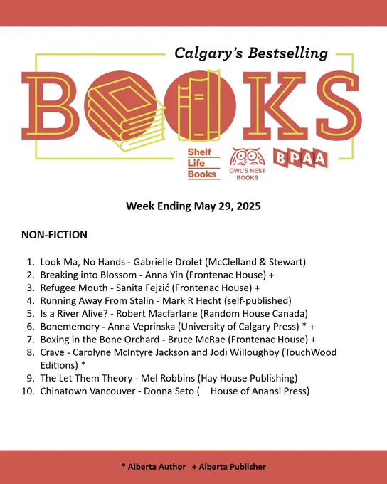 Calgary Bestseller List for the week ending  May 29, 2025. A PDF of the list can be found on our website through the following URL: https://bookpublishers.ab.ca/programs/calgary-bestseller-list/
