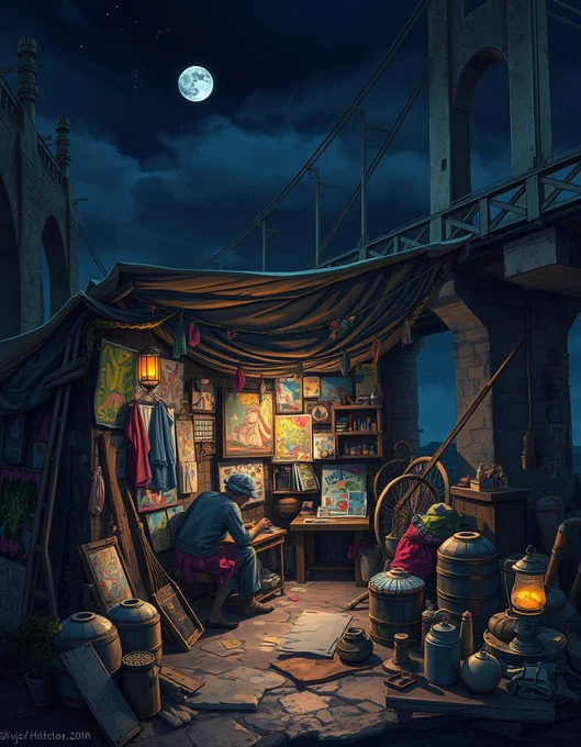A hobo's makeshift home, adorned with vibrant street art, colorful fabrics, and eclectic trinkets, nestled in a secluded area beneath a bridge at night, illuminated by soft lantern light and moonlight, hard at work