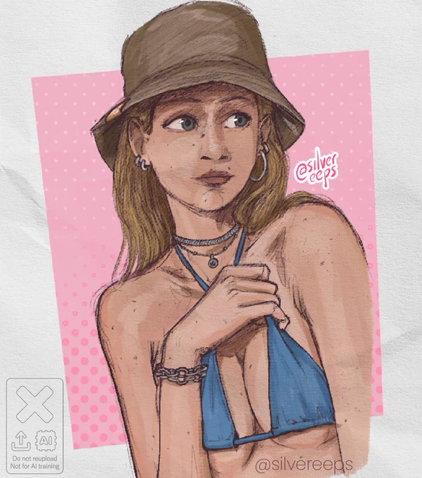 Digital colored sketch drawing of Dylan from Lost Records. She's wearing a beige fishers hat and her blue bikini top. Looking sideways and grabbing the straps of her bikini with her hand above her chest.
Reference pose used: photo of Elissa Williams by Omar Coria
Do not reupload. Do not use for ai training.