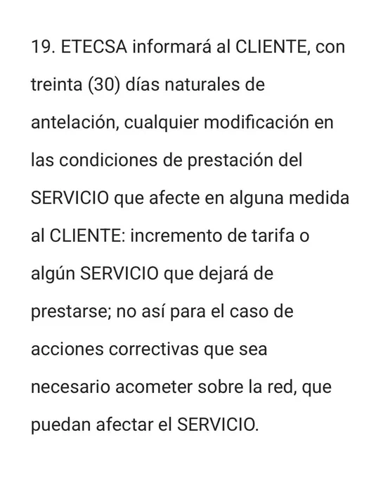 Artículo 19 del contrato entre el Cliente y la Empresa de telecomunicaciones ETECSA en Cuba.