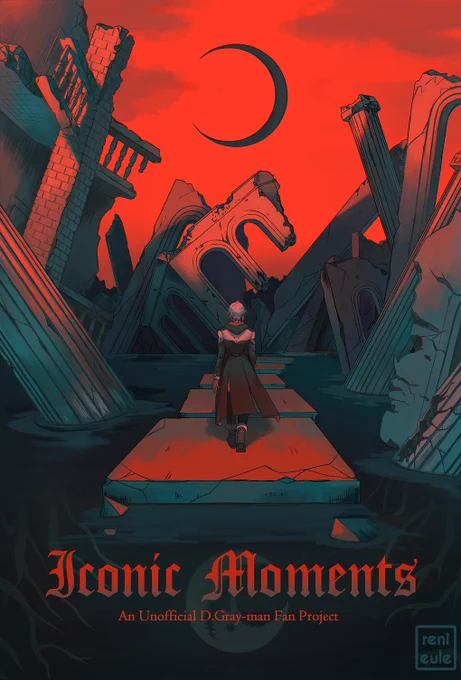 Cover of Iconic Moments, a D.Gray-man fanzine. Allen Walker is walking towards the destruction of the inverted dream world.