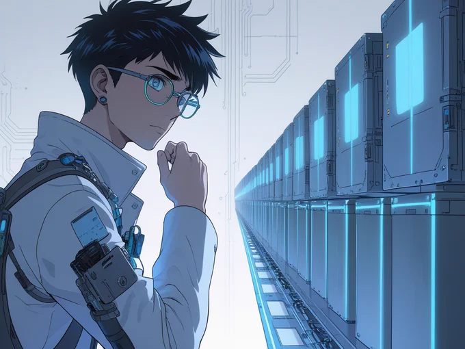 A creator staring at a row of glowing identical delivery boxes being auto-packed from a digital assembly line.