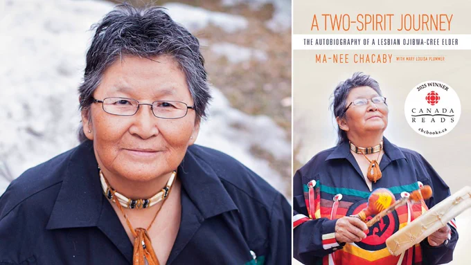 Ma-Nee Chacaby and the book cover of A Two-Spirit Journey: The Autobiography of a Lesbian Ojibwa-Cree Elder