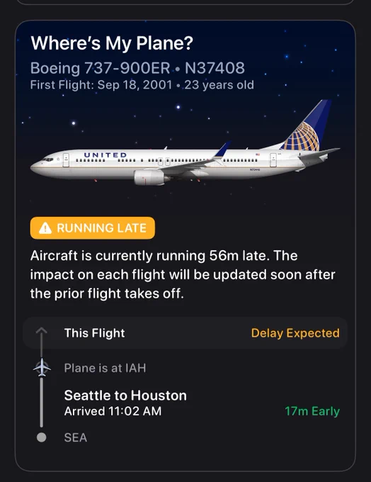 A Flighty screenshot of the where's my plane? section showing the plane at IAH but a delay is still expected.