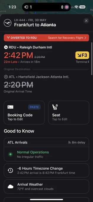 A screenshot of Flighty showing a diverted flight from Frankfurt to Atlanta being diverted to Raleigh/Durham. The good to know section still shows Atlanta arrivals