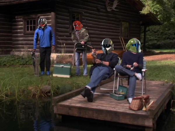 Picture of SG-1 Team fishing after they saved Earth. Helmets from Helldivers 2 photoshoped on their heads instead.