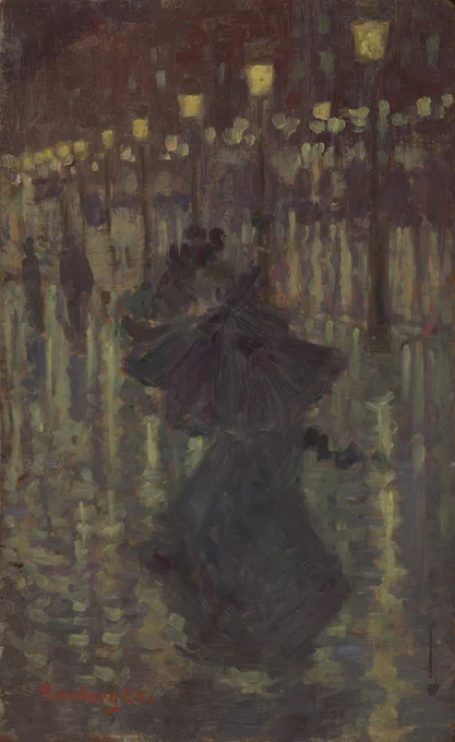 A painting of individuals walking a Paris street during a rainy evening.