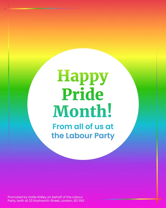 Graphic with rainbow gradient background and text that reads: "Happy Pride Month! From all of us at the Labour Party."