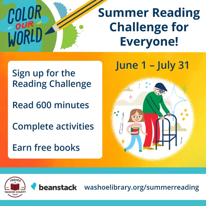 Illustrations depicting a child and grandfather and a pencil coloring on the Earth decorate the widget. The text states, "Summer Reading Challenge for Everyone! Sign up for the Reading Challenge. Read 600 minutes. Complete activities. Earn free books. washoelibrary.org/summerreading." The Beanstack, Friends of Washoe County Library, and Color Our World logos are included on the graphic. 