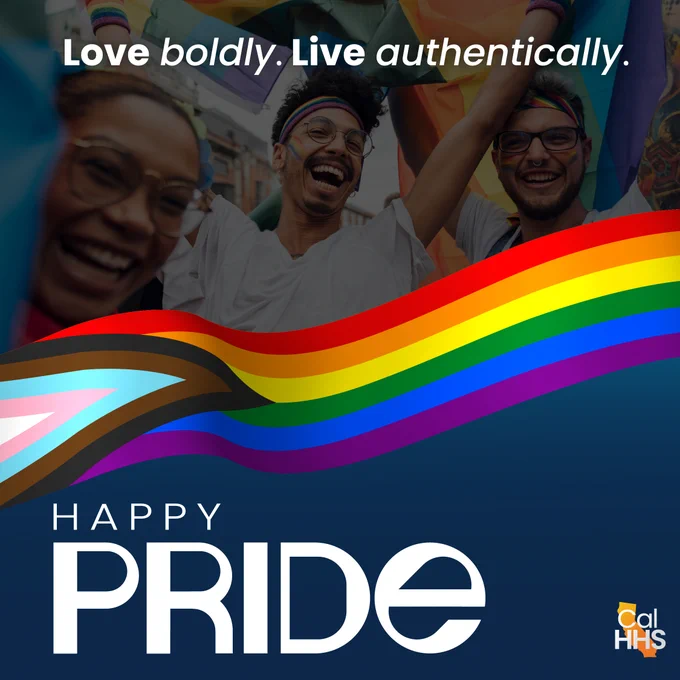 Group of joyful LGBTQ  people celebrating Pride Month with a rainbow flag underneath and the text 'Love boldly. Live authentically. Happy Pride." 