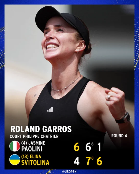 Score Graphic: Elina Svitolina defeats Jasmine Peolini 4-6, 7-6, 6-1 in Round 4 of Roland Garros. 