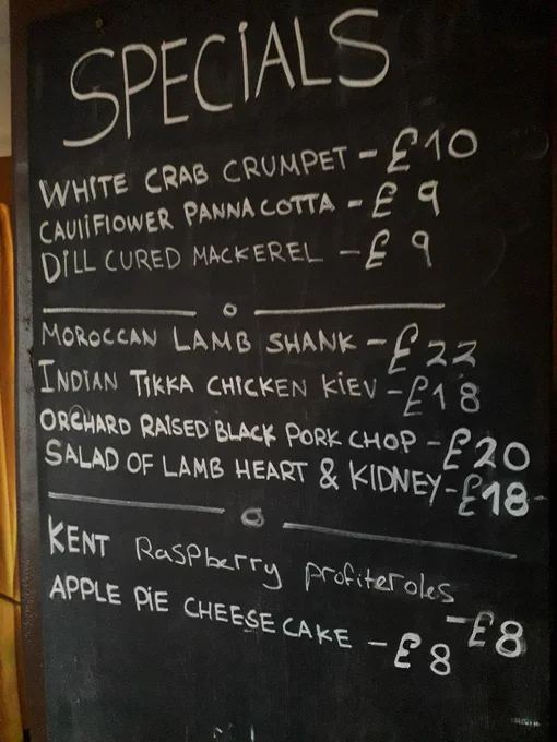 White Crab Crumpet or  Dill Cured Mackerel, Big Hand Bastion with Moroccan Lamb Shank, Peerless Knee-Buckler IPA perfection with Tikka Chicken Kiev, Timothy Taylor Landlord with our own Orchard Raised Black Pork Chop and Peerless Triple Blond as a gorgeous complement to lovely Apple Pie Cheesecake.    