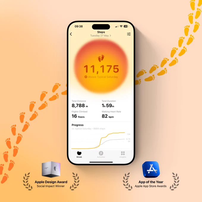 Screenshot of the main screen for steps with the orangey visual representing your daily step count, and all the metrics for the day. There's also the Apple Design Award Winner and App Store App of the Year winner. 