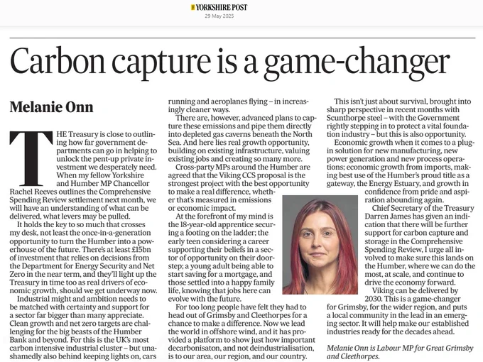 Screenshot of Melanie Onn MP's letter to the Yorkshire Post advocating for the Government's carbon capture cluster in the Humber area, which mostly involves building new fossil fuel infrastructure under the fig leaf of carbon capture. Accessed here, but unfortunately behind a paywall. https://www.yorkshirepost.co.uk/news/opinion/columnists/carbon-capture-and-storage-must-land-on-the-humber-to-help-uk-economy-take-off-melanie-onn-5147084