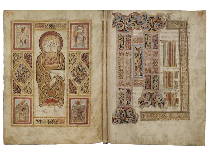 The mid-8th-century ‘Irish Gospels of St Gall’; the Evangelist Mark and the incipit/beginning of his Gospel. St. Gallen, Stiftsbibliothek, Cod. Sang. 51, pp 78–9. Photo: Stiftsbibliothek St. Gallen
