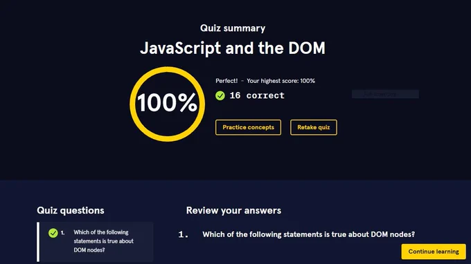 Test Summary - JavaScript and the DOM = 100%
#SelfLearning  #JavaScript #SoftwareEngineering #Coding #FrontEnd #MechanicalEngineer #SoftwareEngineer #PublicLearning