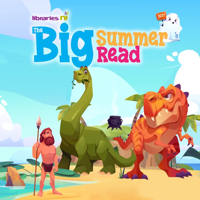 Graphic for Big Summer Read 2025 including the Libraries NI logo, a cave man illustration, dinosaurs and a little ghost