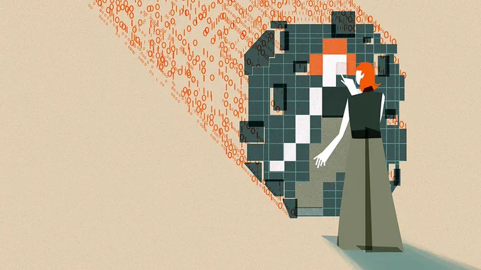 This image shows an individual with orange hair interacting with a large, abstract digital mirrored structure. The structure is composed of squares in varying shades of green, orange, white, and black which are pieced together to reflect the individual’s figure. The figure's hand is extended as if pointing to or interacting with the mirrored structure. Behind the  structure are streams of binary code (0s and 1s) in orange, flowing towards the digital grid. The image is from Better images of AI - Talking to AI 2.0 by Yutong Liu & Kingston School of Art.